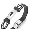 COOLSTEELANDBEYOND Men Steel Cross ID Identification Bracelet with Buckle Clasp, Black Braided Leather Wristband Bangle - coolsteelandbeyond