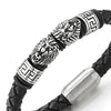 COOLSTEELANDBEYOND Men Steel Lion and Greek Key Charms Black Braided Leather Bracelet Wristband Bangle with Magnetic Clasp - coolsteelandbeyond
