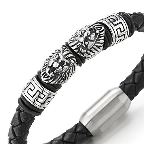 COOLSTEELANDBEYOND Men Steel Lion and Greek Key Charms Black Braided Leather Bracelet Wristband Bangle with Magnetic Clasp - coolsteelandbeyond