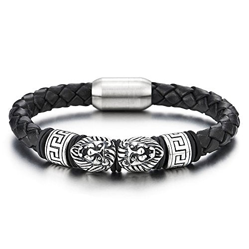 COOLSTEELANDBEYOND Men Steel Lion and Greek Key Charms Black Braided Leather Bracelet Wristband Bangle with Magnetic Clasp - coolsteelandbeyond