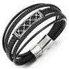 Men Steel Vintage Dotted Grid Mesh ID Identification Multi-Strand Black Braided Leather Bracelet - COOLSTEELANDBEYOND Jewelry