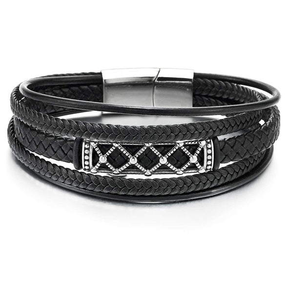 Men Steel Vintage Dotted Grid Mesh ID Identification Multi-Strand Black Braided Leather Bracelet - COOLSTEELANDBEYOND Jewelry