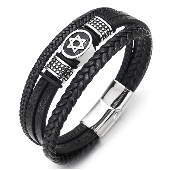 COOLSTEELANDBEYOND Men Three-Strand Black Braided Leather Bracelet with Steel Star of David Oval and Dotted Beads Charm - coolsteelandbeyond