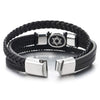 COOLSTEELANDBEYOND Men Three-Strand Black Braided Leather Bracelet with Steel Star of David Oval and Dotted Beads Charm - coolsteelandbeyond