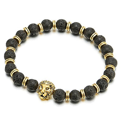 COOLSTEELANDBEYOND Men Women 8MM Black Volcanic Lava Beads Link Bracelet with Gold Color Lion Head and Charms - coolsteelandbeyond