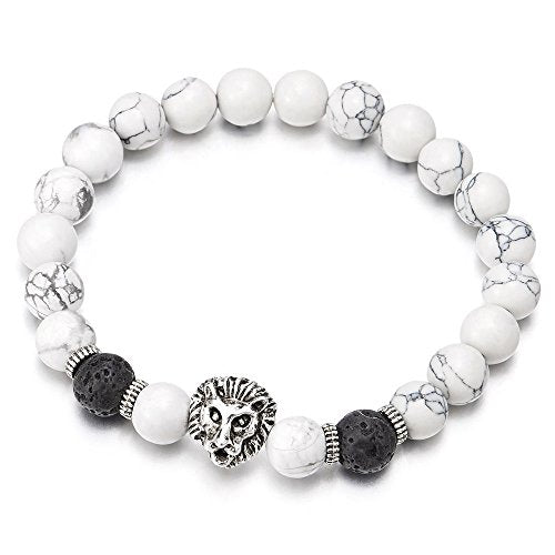 COOLSTEELANDBEYOND Men Women 8MM White Gem Beads Link Bracelet with Gold Color Lion Head and Charms - coolsteelandbeyond