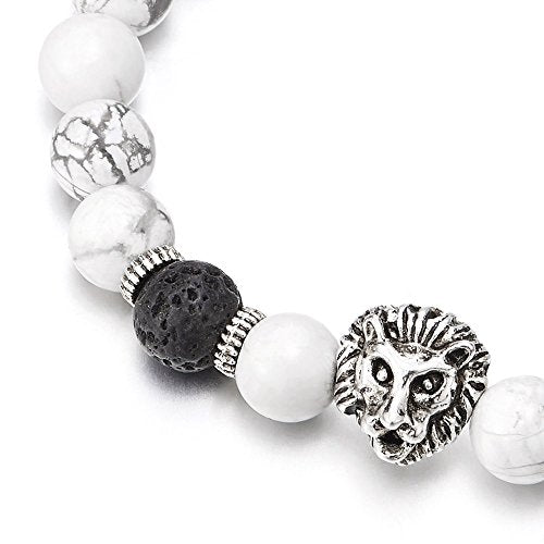 COOLSTEELANDBEYOND Men Women 8MM White Gem Beads Link Bracelet with Gold Color Lion Head and Charms - coolsteelandbeyond