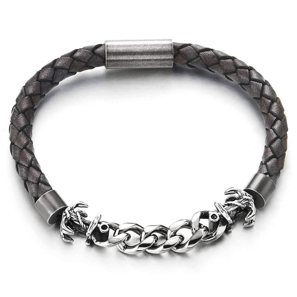 COOLSTEELANDBEYOND Men Women Black Braided Leather Bangle Bracelet with Steel Marine Anchor Curb Chain, Magnetic Clasp - coolsteelandbeyond