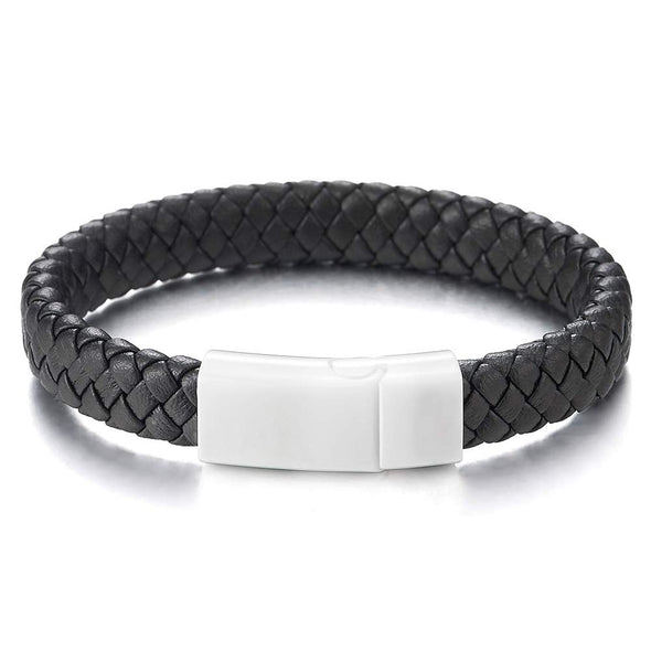 Men Women Black Braided Leather Bangle Bracelet Wristband White Ceramic Magnetic Clasp - COOLSTEELANDBEYOND Jewelry