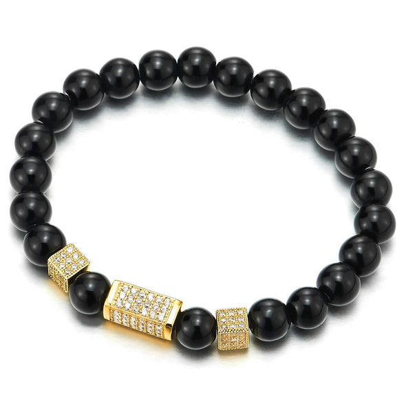 COOLSTEELANDBEYOND Men Women Black Onyx Beads Link Bracelet with Cubic Zirconia Pave Gold Color Cuboid Square Charms - coolsteelandbeyond