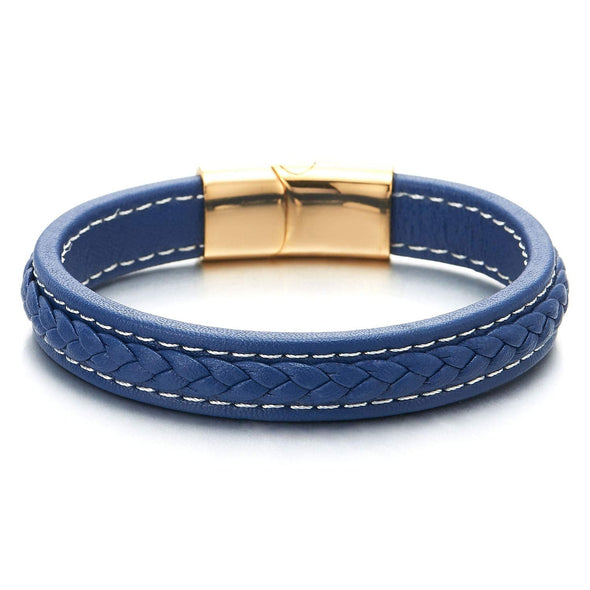COOLSTEELANDBEYOND Men Women Blue Braided Leather Bangle Bracelet with White Stitches and Gold Steel Magnetic Clasp - coolsteelandbeyond