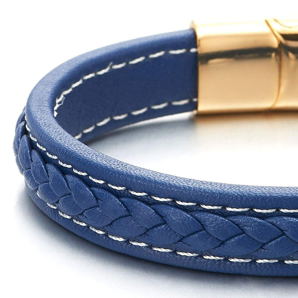 COOLSTEELANDBEYOND Men Women Blue Braided Leather Bangle Bracelet with White Stitches and Gold Steel Magnetic Clasp - coolsteelandbeyond
