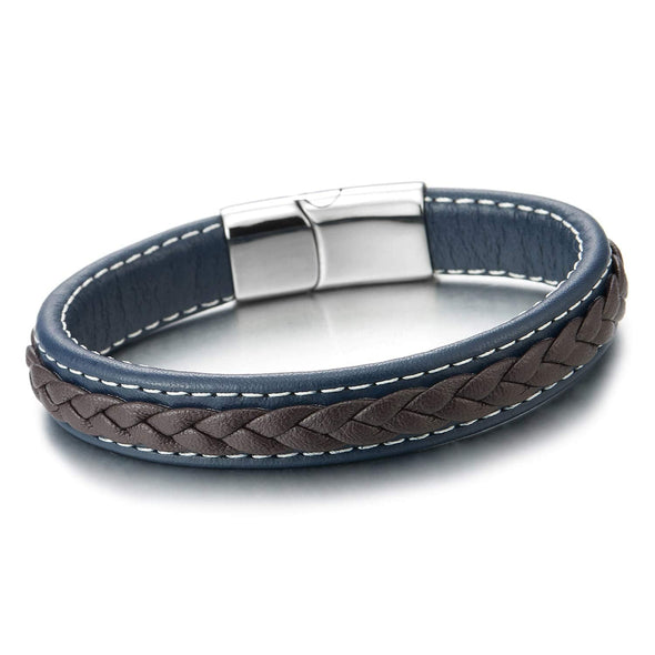Men Women Blue Brown Braided Leather Bracelet, Genuine Leather Wristband with Steel Magnetic Clasp
