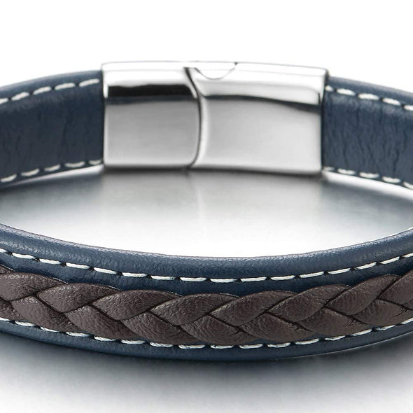 Men Women Blue Brown Braided Leather Bracelet, Genuine Leather Wristband with Steel Magnetic Clasp