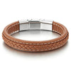 COOLSTEELANDBEYOND Men Women Brown Braided Leather Bangle Bracelet with White Stitches and Steel Magnetic Clasp - coolsteelandbeyond