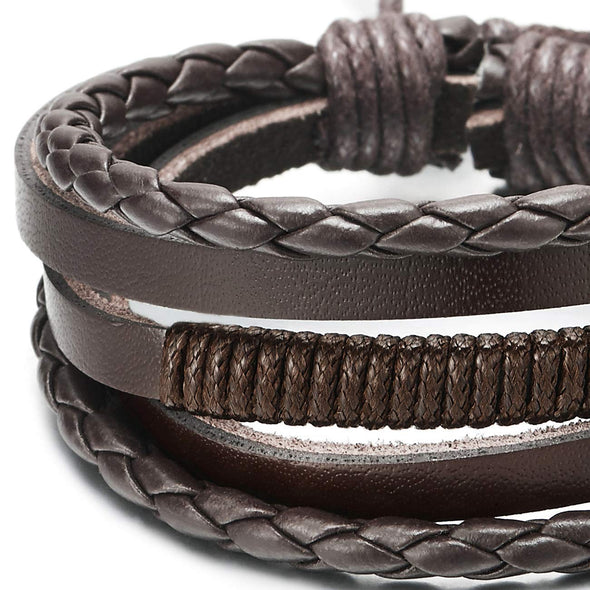 COOLSTEELANDBEYOND Men Women Hand-Made Multi-Strand Brown Braided Leather Wristband Bracelet with Brown Cotton Rope - coolsteelandbeyond