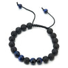 COOLSTEELANDBEYOND Men Women Matt Black Volcanic Lava Stone Bracelet with Black Blue Beads Charm Mala Adjustable - coolsteelandbeyond