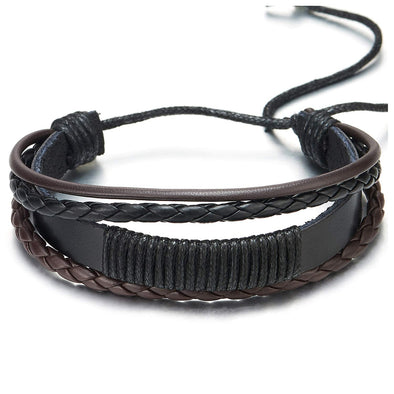 COOLSTEELANDBEYOND Men Women Multi-Strand Black Brown Braided Leather Wrap Bracelet with Black Cotton Rope, Adjustable - coolsteelandbeyond