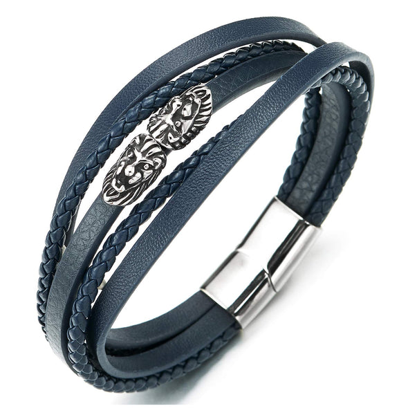 Men Women Multi-Strand Navy Blue Braided Leather Bracelet Steel Vintage Lion Head and Magnetic Clasp - COOLSTEELANDBEYOND Jewelry