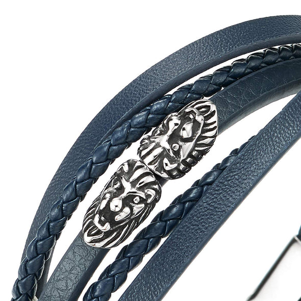 Men Women Multi-Strand Navy Blue Braided Leather Bracelet Steel Vintage Lion Head and Magnetic Clasp - COOLSTEELANDBEYOND Jewelry