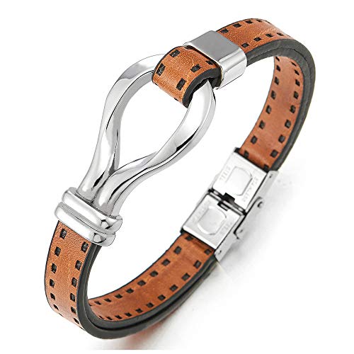 COOLSTEELANDBEYOND Men Women Orange Brown Dotted Leather Bangle Bracelet Wristband with Steel Loop and Buckle Clasp - coolsteelandbeyond