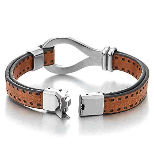 COOLSTEELANDBEYOND Men Women Orange Brown Dotted Leather Bangle Bracelet Wristband with Steel Loop and Buckle Clasp - coolsteelandbeyond
