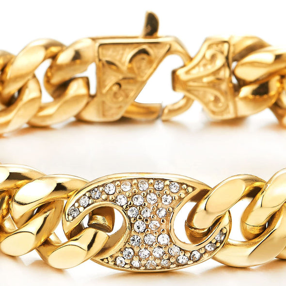 Men Women Stainless Steel Marine Anchor Curb Chain Bracelet Gold Color Polished with Cubic Zirconia - COOLSTEELANDBEYOND Jewelry