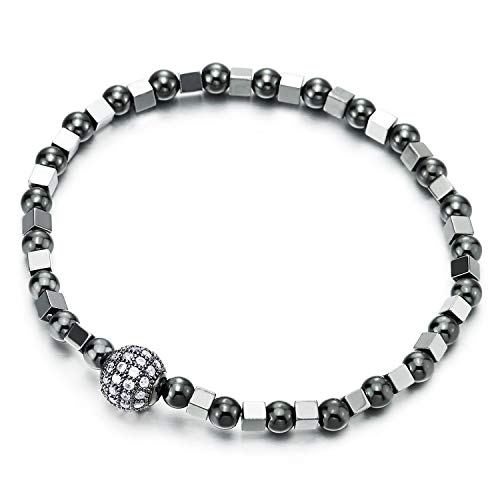 Men Women Thin Silver Grey Cube Hematite Ball Beads Bracelet Cubic Zirconia Beads Charm, Stretchable