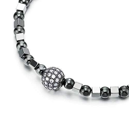 Men Women Thin Silver Grey Cube Hematite Ball Beads Bracelet Cubic Zirconia Beads Charm, Stretchable