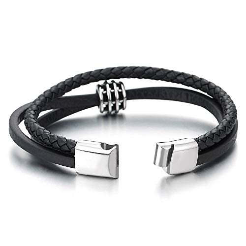 COOLSTEELANDBEYOND Men Women Three-Strand Black Braided Leather Bangle Bracelet with Steel Bead Charm, Magnetic Clasp - coolsteelandbeyond