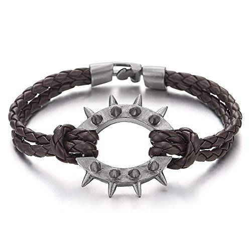 COOLSTEELANDBEYOND Men Women Two-Row Brown Braided Leather Bangle Bracelet Wristband with Grey Spiked Rivets Oval Charm - coolsteelandbeyond