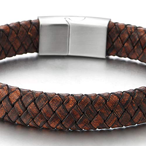 COOLSTEELANDBEYOND Men Women Vintage Brown Braided Leather Bracelet, Leather Bangle Wristband with Steel Magnetic Clasp - coolsteelandbeyond