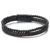 COOLSTEELANDBEYOND Men Womens Black Brown Braided Leather Black Onyx Beads Chain Bracelet Double-Row Bangle Wristband - coolsteelandbeyond