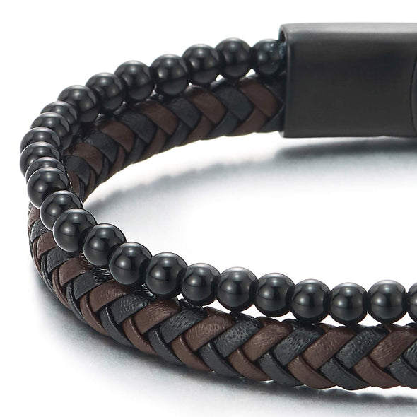 COOLSTEELANDBEYOND Men Womens Black Brown Braided Leather Black Onyx Beads Chain Bracelet Double-Row Bangle Wristband - coolsteelandbeyond