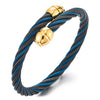 COOLSTEELANDBEYOND Men Womens Steel Black Blue Twisted Cable Open Cuff Bangle Bracelet with Gold Color Charm Adjustable - coolsteelandbeyond