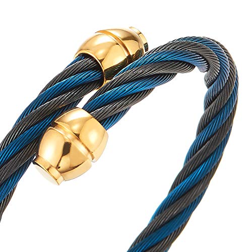 COOLSTEELANDBEYOND Men Womens Steel Black Blue Twisted Cable Open Cuff Bangle Bracelet with Gold Color Charm Adjustable - coolsteelandbeyond
