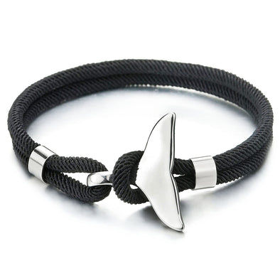 Men Womens Two-Row Black Rope Wristband Bracelet with Steel Whale Dolphin Tail Hook Clasp - COOLSTEELANDBEYOND Jewelry