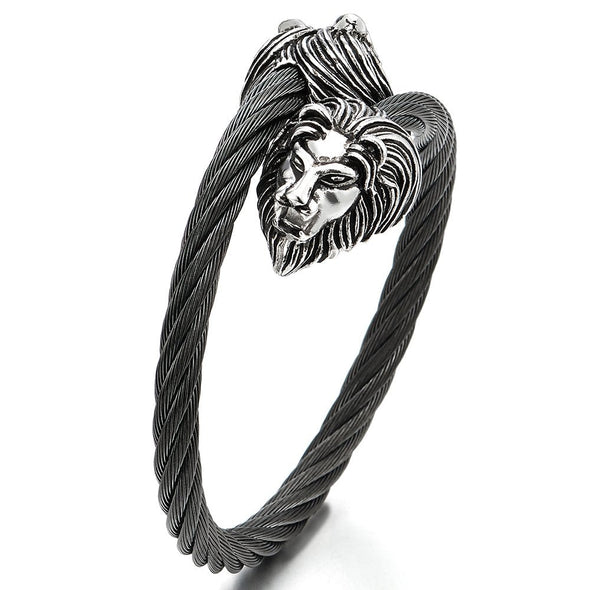 COOLSTEELANDBEYOND Mens Adjustable Stainless Steel Black Twisted Cable Cuff Bangle Bracelet with Vintage Lion Head - coolsteelandbeyond