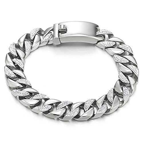 COOLSTEELANDBEYOND Mens Beautiful Shine Curb Chain Bracelet in Steel with Cubic Zirconia, 8.5 Inches High Polished - coolsteelandbeyond