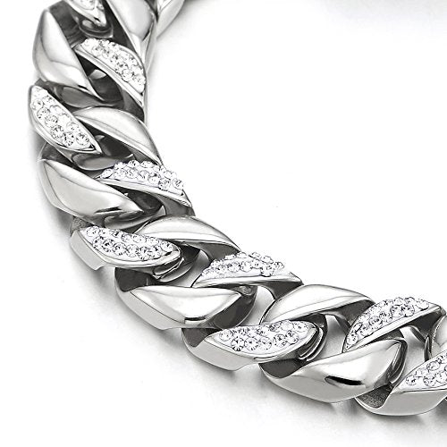 COOLSTEELANDBEYOND Mens Beautiful Shine Curb Chain Bracelet in Steel with Cubic Zirconia, 8.5 Inches High Polished - coolsteelandbeyond