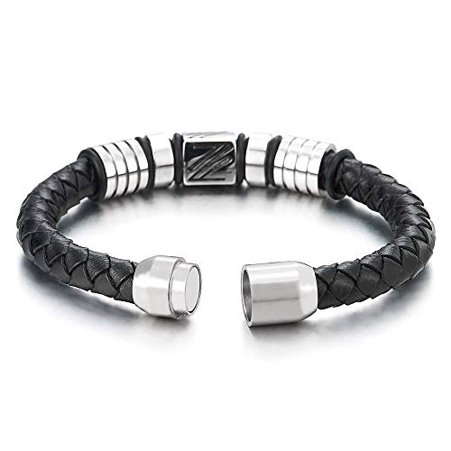 COOLSTEELANDBEYOND Mens Black Braided Genuine Leather Bracelet Bangle with Stainless Steel Ornaments and Magnetic Clasp - coolsteelandbeyond