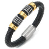 Mens Black Braided Leather Bracelet Bangle Wristband with Stainless Steel Silver Gold Beads Charms - COOLSTEELANDBEYOND Jewelry