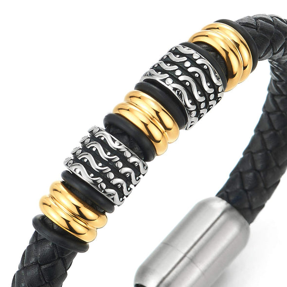 Mens Black Braided Leather Bracelet Bangle Wristband with Stainless Steel Silver Gold Beads Charms - COOLSTEELANDBEYOND Jewelry