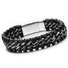 COOLSTEELANDBEYOND Mens Black Braided Leather Bracelet Interwoven with Stainless Steel Black Link Chains - coolsteelandbeyond