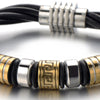 COOLSTEELANDBEYOND Mens Black Braided Leather Bracelet with Steel Greek Key Charms in Gold Color Bangle Wristband - coolsteelandbeyond