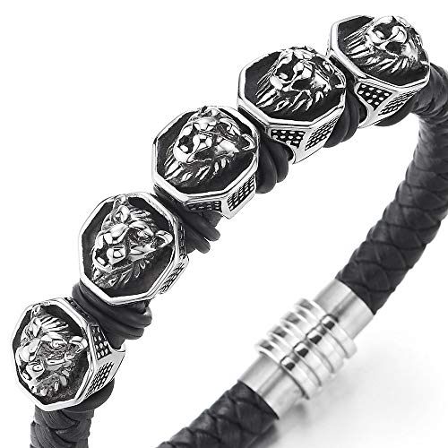 COOLSTEELANDBEYOND Mens Black Braided Leather Bracelet Wristband Bangle with Vintage Steel Lion Head Ring Charms - coolsteelandbeyond