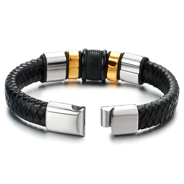 COOLSTEELANDBEYOND Mens Black Braided Leather Bracelet Wristband with Steel Silver Gold Black Ornaments - coolsteelandbeyond