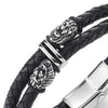 COOLSTEELANDBEYOND Mens Black Braided Leather Double-Row Bracelet Bangle Wristband with Steel Lion Head Ornaments - coolsteelandbeyond
