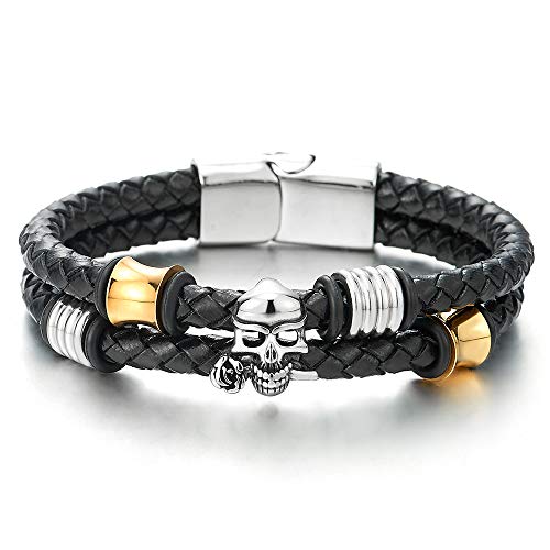 COOLSTEELANDBEYOND Mens Black Braided Leather Two-Row Bracelet Bangle with Steel Rose Skull and Silver Gold Ornaments - coolsteelandbeyond
