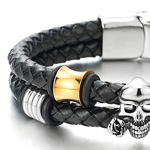 COOLSTEELANDBEYOND Mens Black Braided Leather Two-Row Bracelet Bangle with Steel Rose Skull and Silver Gold Ornaments - coolsteelandbeyond